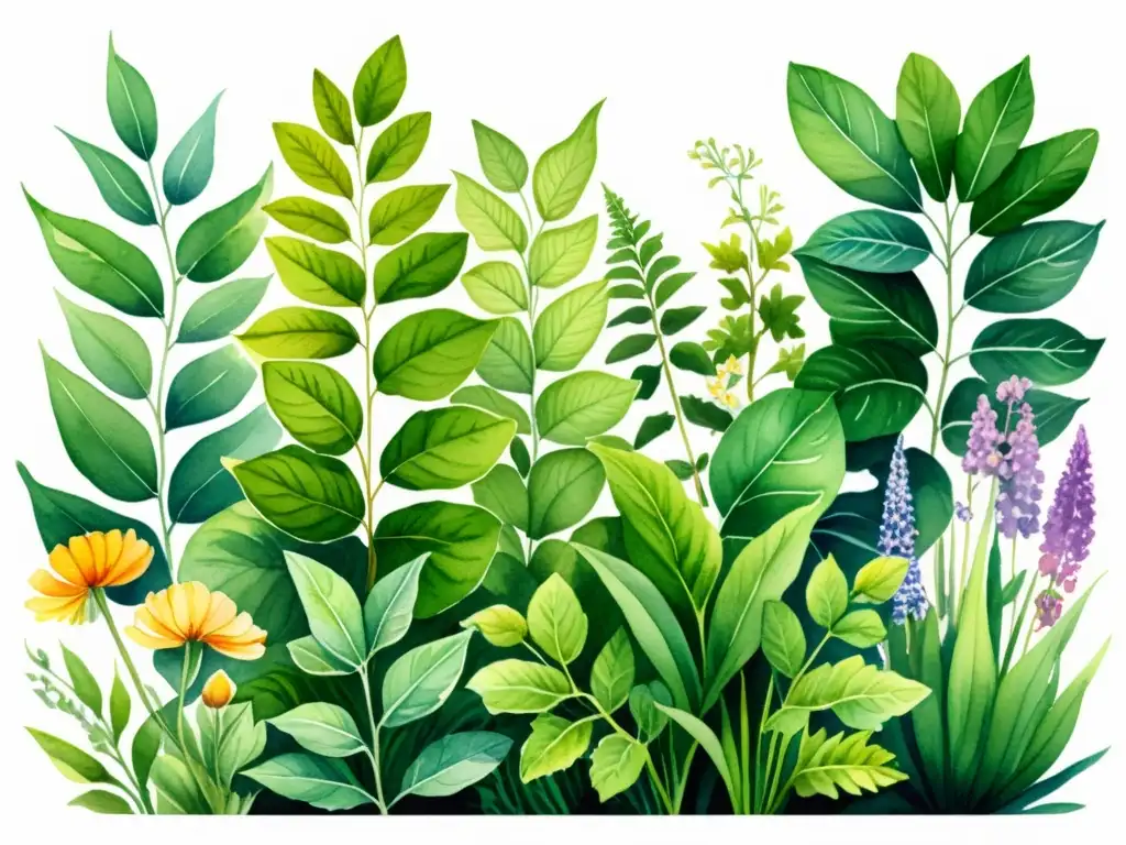 Una exuberante ilustración detallada en acuarela de un jardín herbal, con diversidad de plantas y flores en armonía