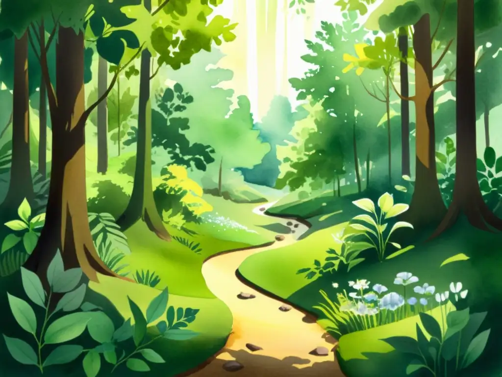 Una exuberante ilustración detallada de un bosque verde con plantas medicinales regulación azúcar sangre y un arroyo sereno reflejando la luz del sol