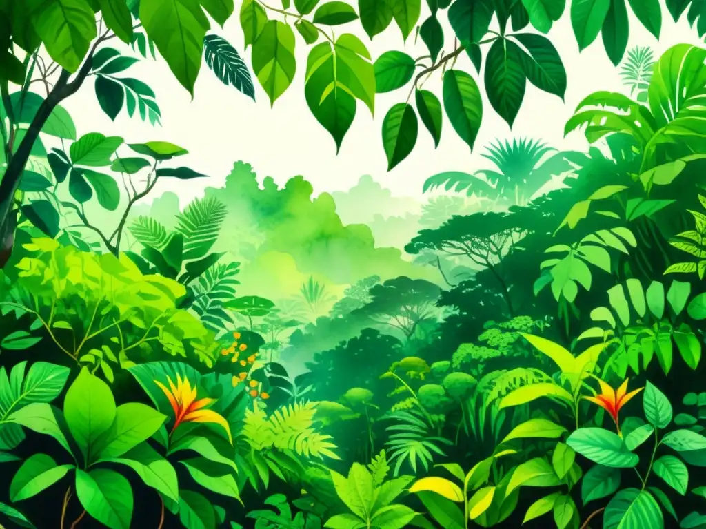 Una exuberante ilustración acuarela detallada de la selva amazónica, con una rica diversidad de plantas