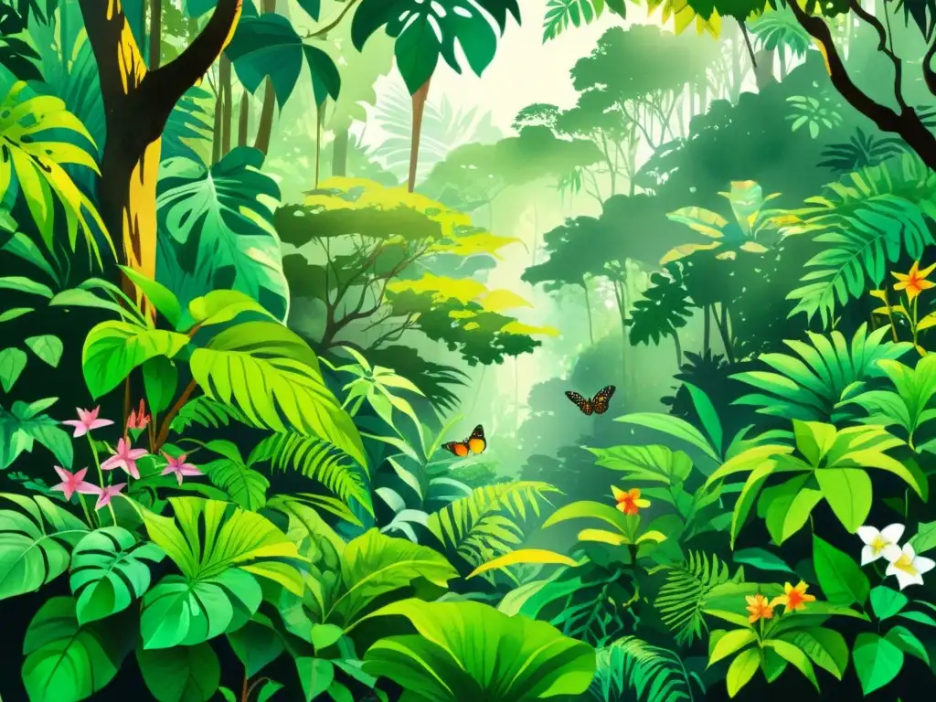 Una exuberante ilustración acuarela de una escena de selva tropical con una rica biodiversidad