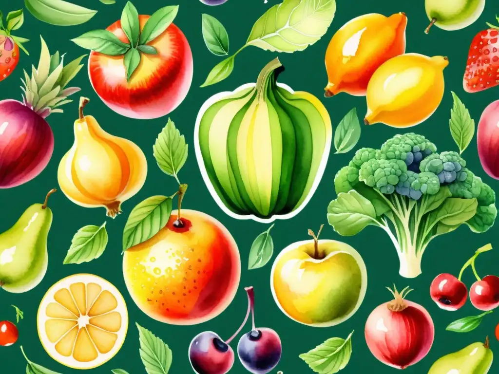 Una exuberante ilustración acuarela de frutas y verduras, resaltando el rol de los flavonoides en salud