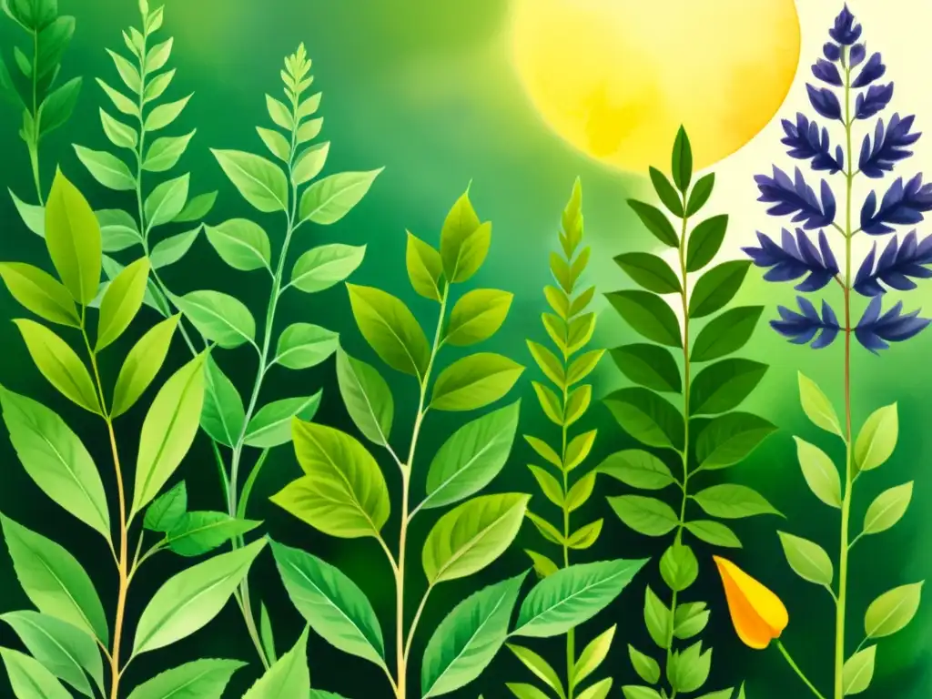 Jardín botánico: ilustración acuarela de plantas medicinales Una exuberante ilustración acuarela de hierbas medicinales en un jardín, con colores vibrantes y detalles intrincados