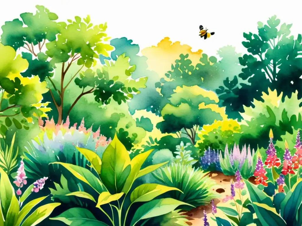 Jardín botánico vibrante con plantas medicinales Una exuberante ilustración acuarela de un jardín botánico lleno de plantas medicinales coloridas y diversas