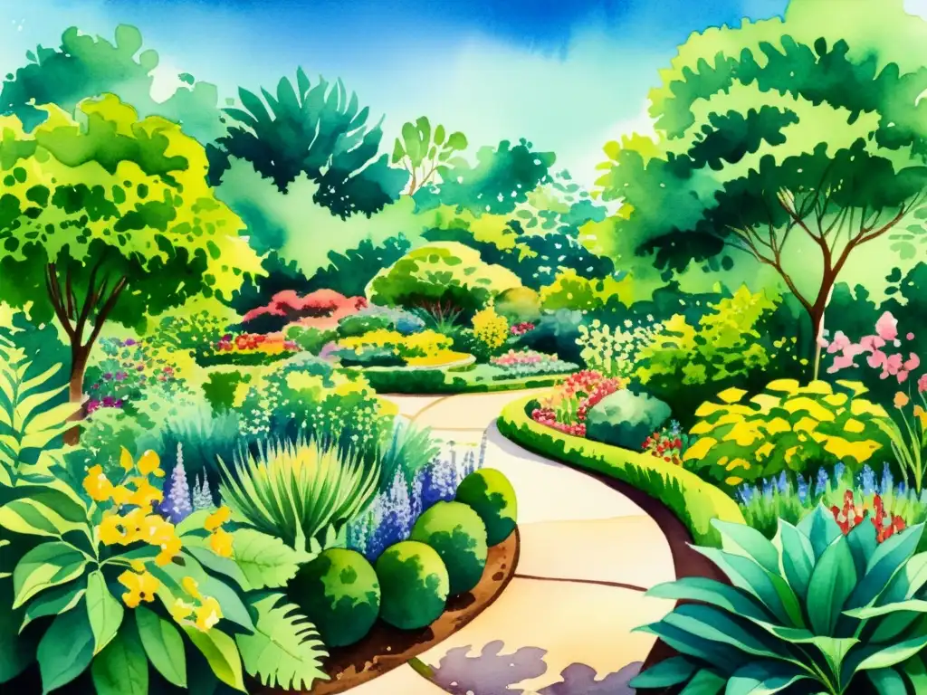 Una exuberante ilustración acuarela de un jardín botánico rebosante de plantas medicinales en plena floración