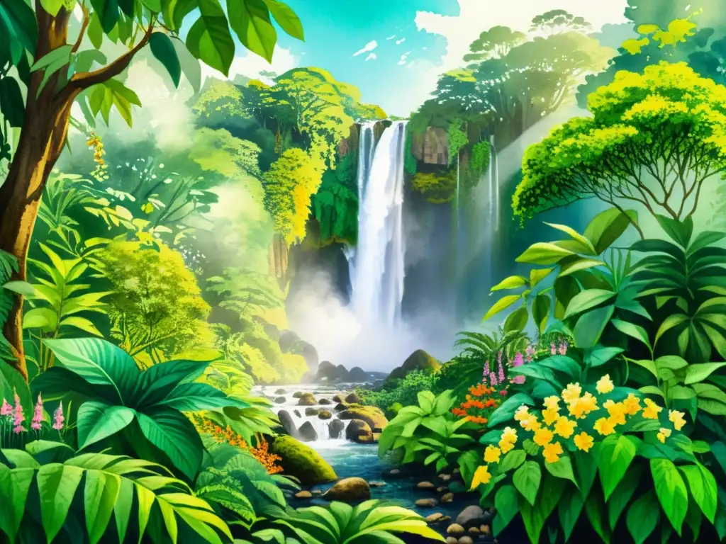 Una exuberante ilustración acuarela de una selva con plantas medicinales en expediciones botánicas, con una cascada y flora vibrante