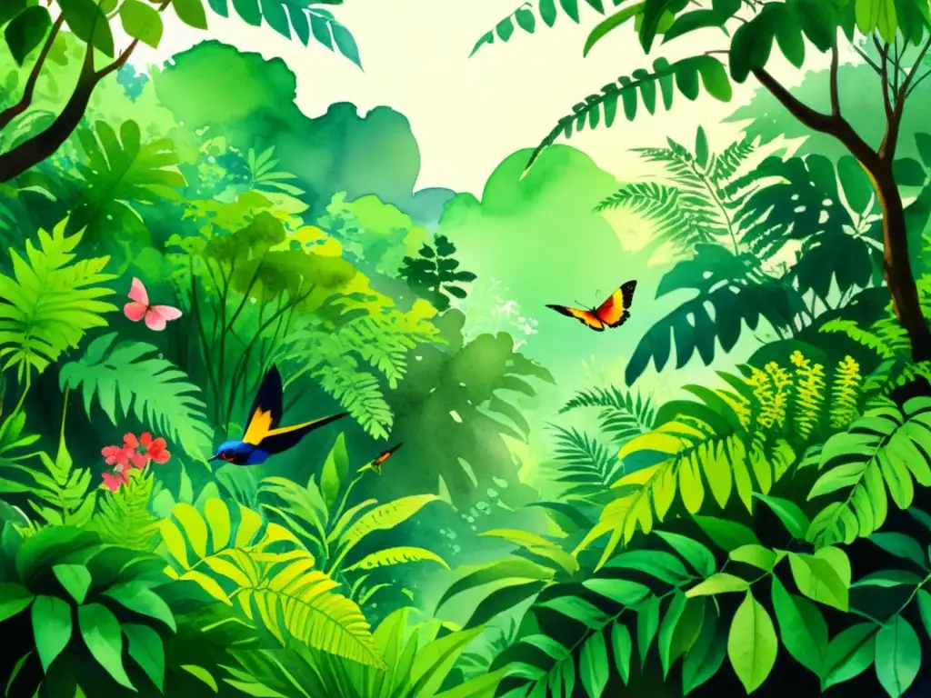 Una exuberante ilustración de una selva tropical llena de vida, con plantas y animales diversos