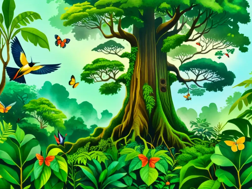 Una exuberante ilustración acuarela de la selva tropical con flora y fauna diversa