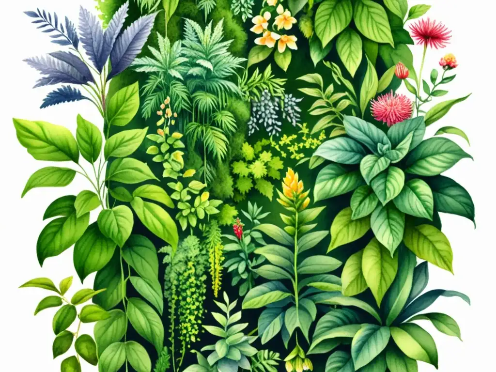 Una exuberante ilustración acuarela de un jardín vertical lleno de plantas medicinales, mostrando la belleza natural del cultivo