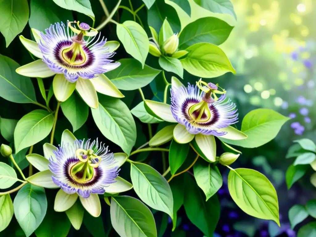 Un exuberante jardín de pasifloras en acuarela, con sus flores moradas y blancas y hojas verdes