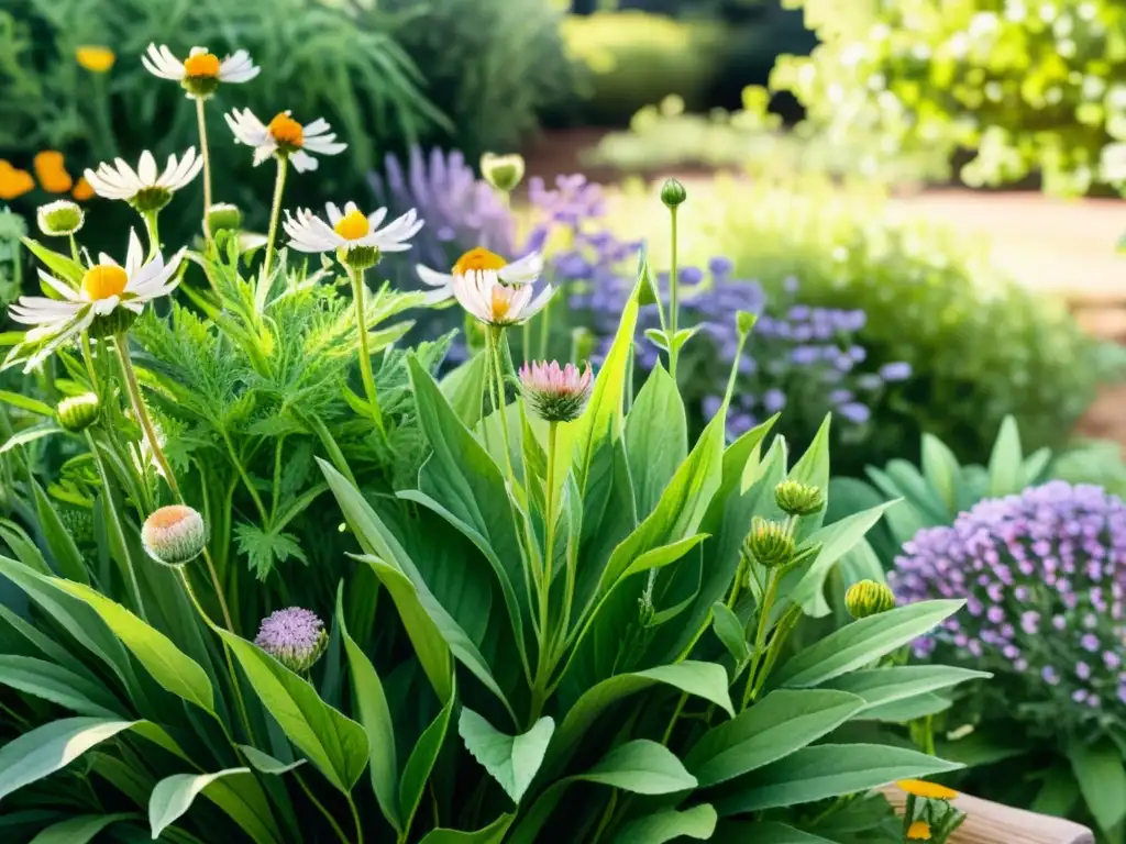 Jardín medicinal: acuarela detallada de flores vibrantes Un exuberante jardín de flores medicinales en distintas etapas de crecimiento
