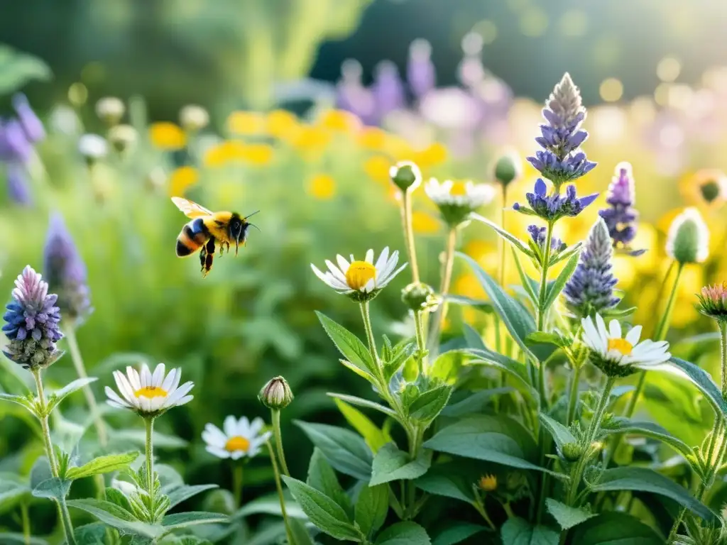 Un exuberante jardín de plantas medicinales orgánicas, bañado por el cálido sol, con rocio en las hojas, abejas y mariposas