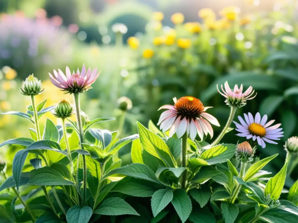 Un exuberante jardín de plantas medicinales, con lavanda, equinácea, manzanilla y menta, bañado por la cálida luz del sol y cubierto de rocío