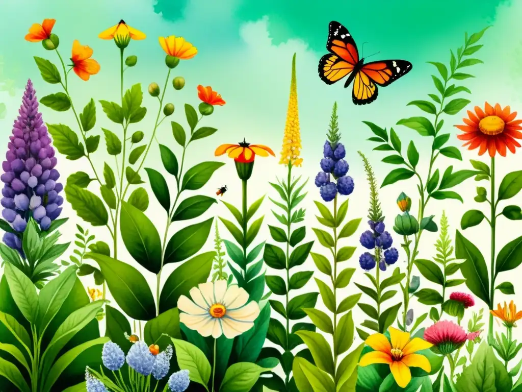 Un exuberante jardín repleto de plantas medicinales y flores vibrantes, potenciando la biodiversidad con mariposas y abejas