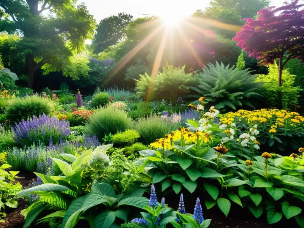 Un exuberante jardín verde repleto de plantas medicinales vibrantes y florecientes, cuidadosamente atendidas en un suelo orgánico