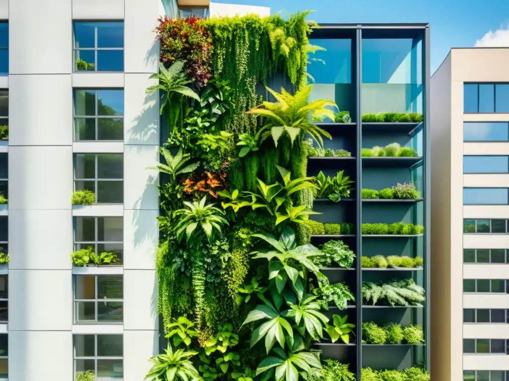 Un exuberante jardín vertical en un edificio moderno, con una variedad de vegetación vibrante