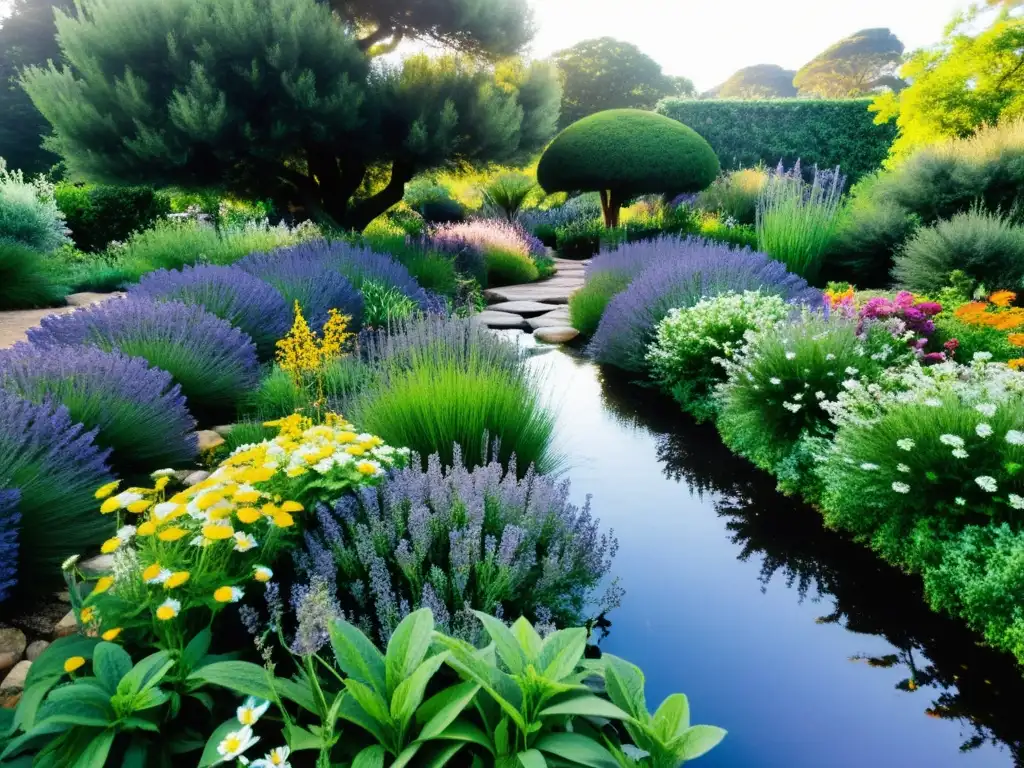 Un exuberante jardín botánico lleno de hierbas vibrantes y plantas medicinales