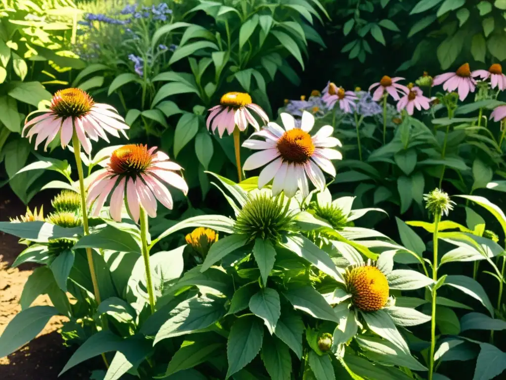 Un jardín botánico exuberante lleno de plantas medicinales vibrantes bañadas por la cálida luz del sol