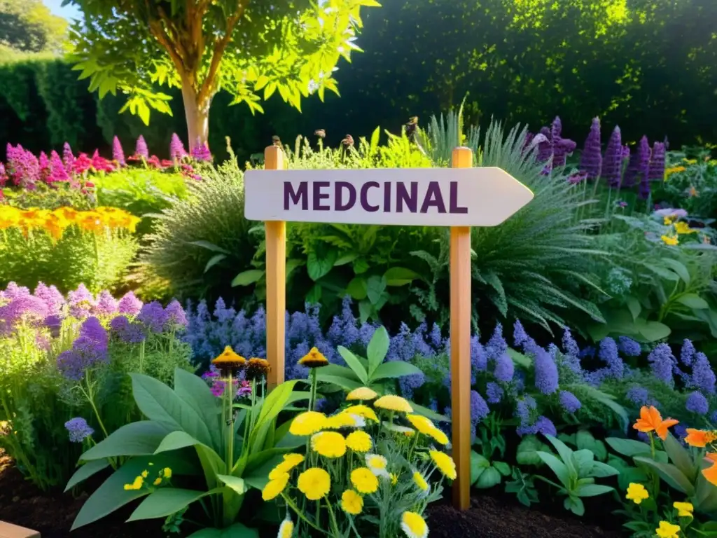 Un exuberante jardín medicinal rebosante de hierbas y plantas coloridas, con una atmósfera etérea