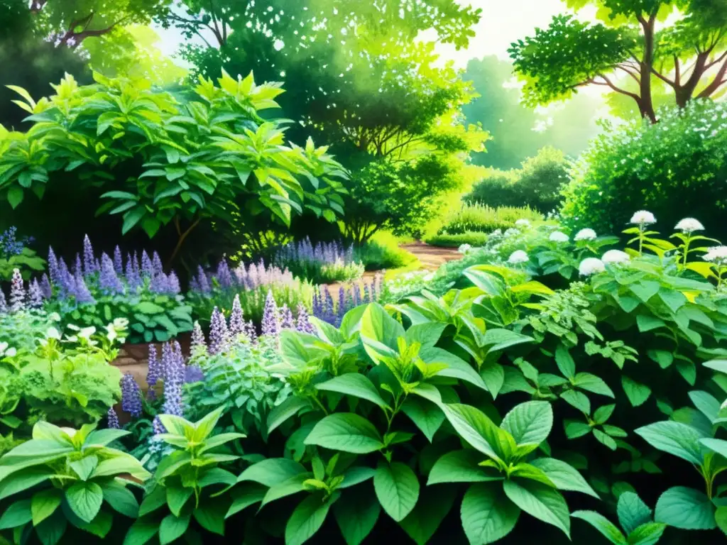 Un exuberante jardín de menta con flores moradas y blancas