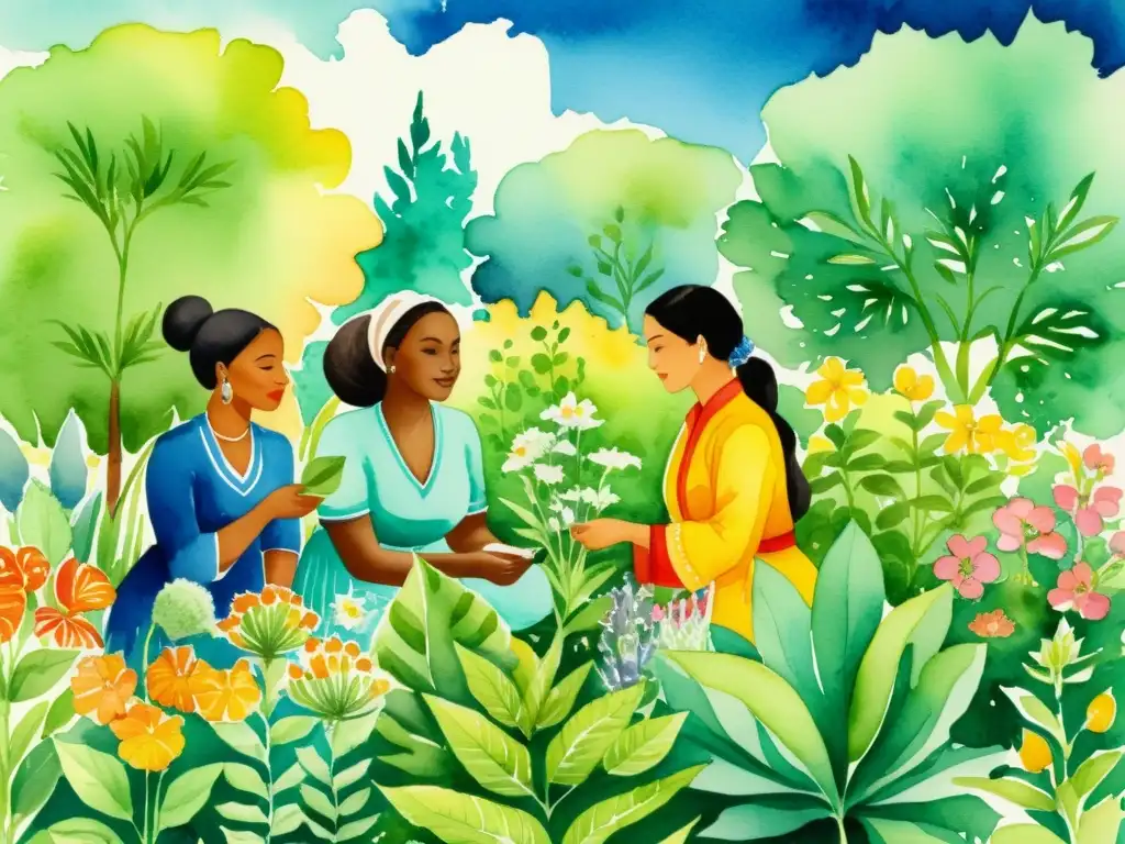 Un jardín herbal exuberante donde mujeres de diversas culturas conservan conocimiento herbal con sabiduría y unidad