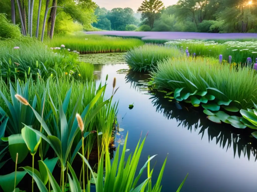 Un exuberante paisaje de humedal con un arroyo serpenteante, plantas medicinales y biorremediación con plantas medicinales