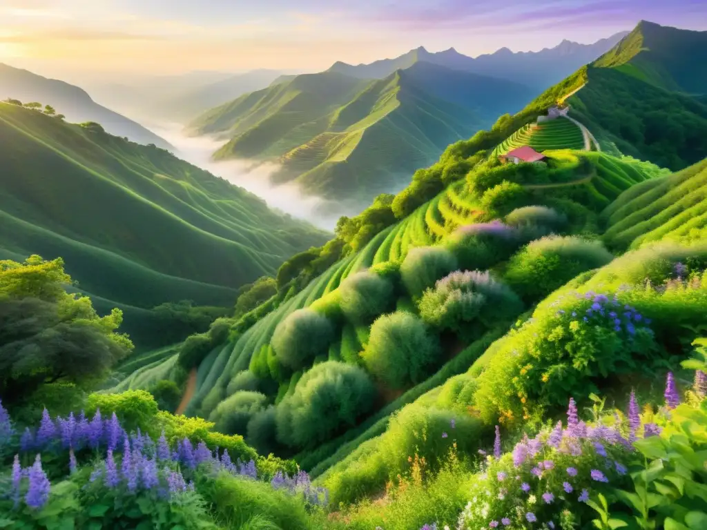 Un exuberante paisaje montañoso cubierto de zarzaparrilla verde vibrante, con delicadas flores moradas entre la vegetación