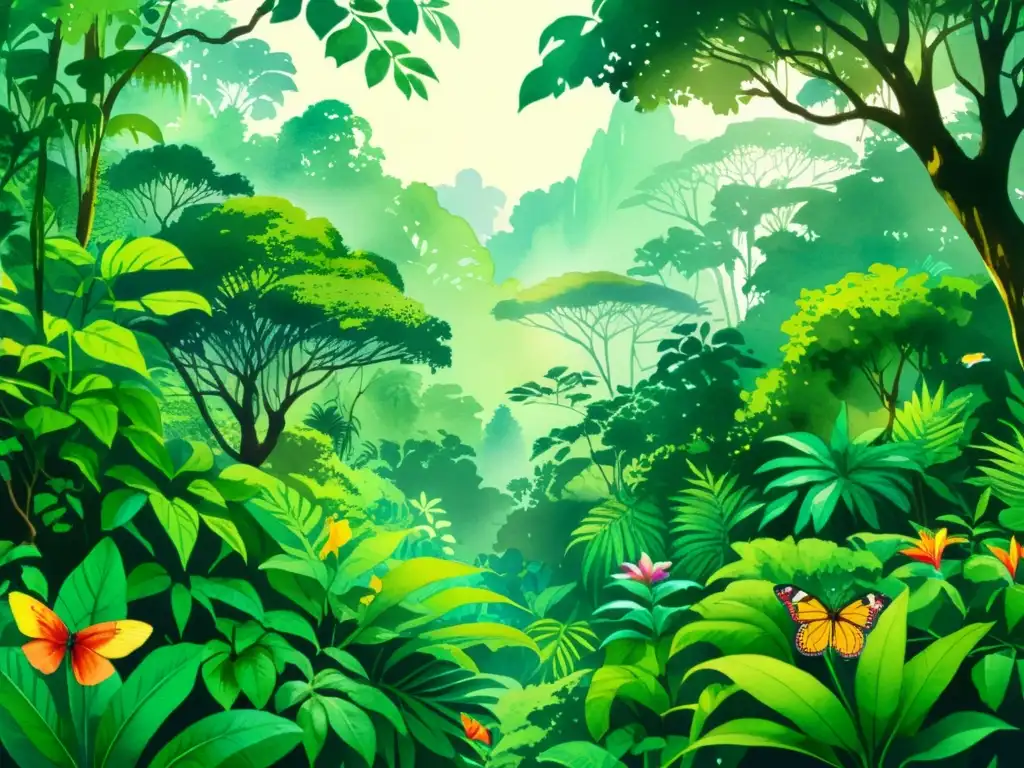Jungla exuberante: ilustración detallada en acuarela Un exuberante paisaje de la selva representando la diversa vida vegetal y animal