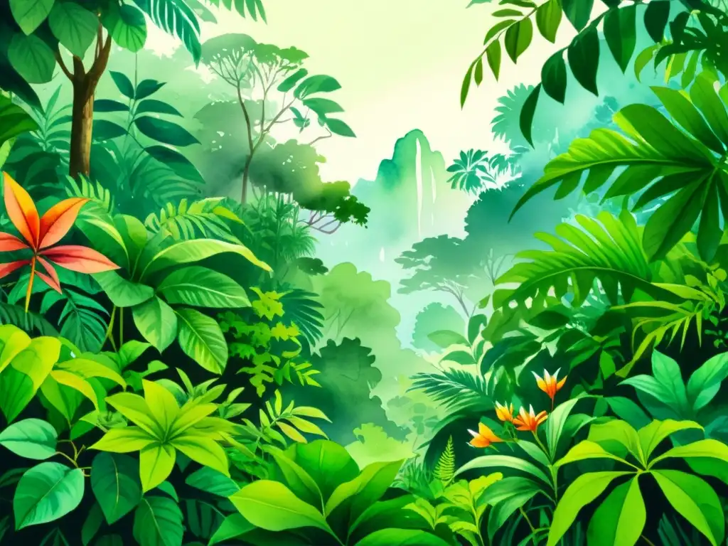 Un exuberante paisaje de la selva tropical con plantas medicinales