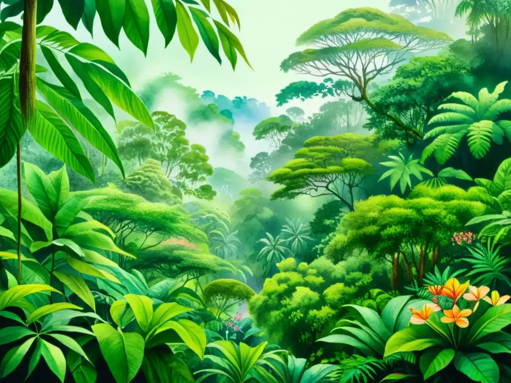 Un exuberante paisaje de selva tropical capturado en una detallada acuarela, con una variedad de plantas y flores vibrantes y exóticas