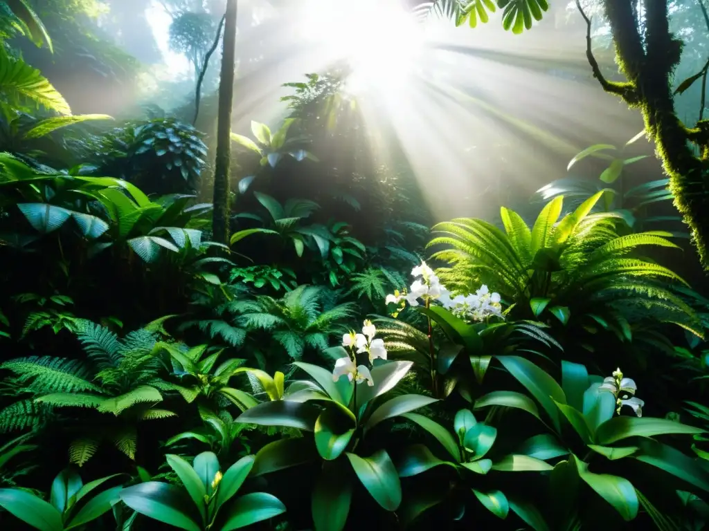 Un exuberante paisaje de selva tropical con especies botánicas en peligro, como orquídeas vibrantes, árboles imponentes y helechos delicados