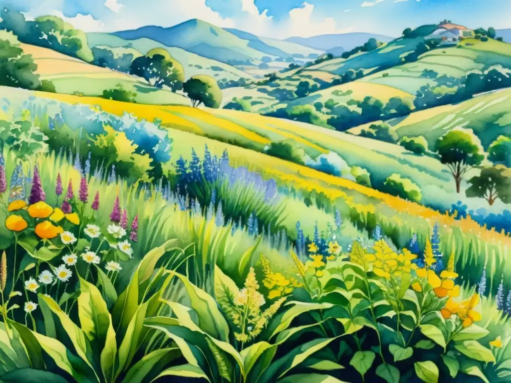 Campo de plantas medicinales en acuarela Una exuberante pintura acuarela de un campo vibrante de plantas medicinales, con detalles minuciosos y colores vivos