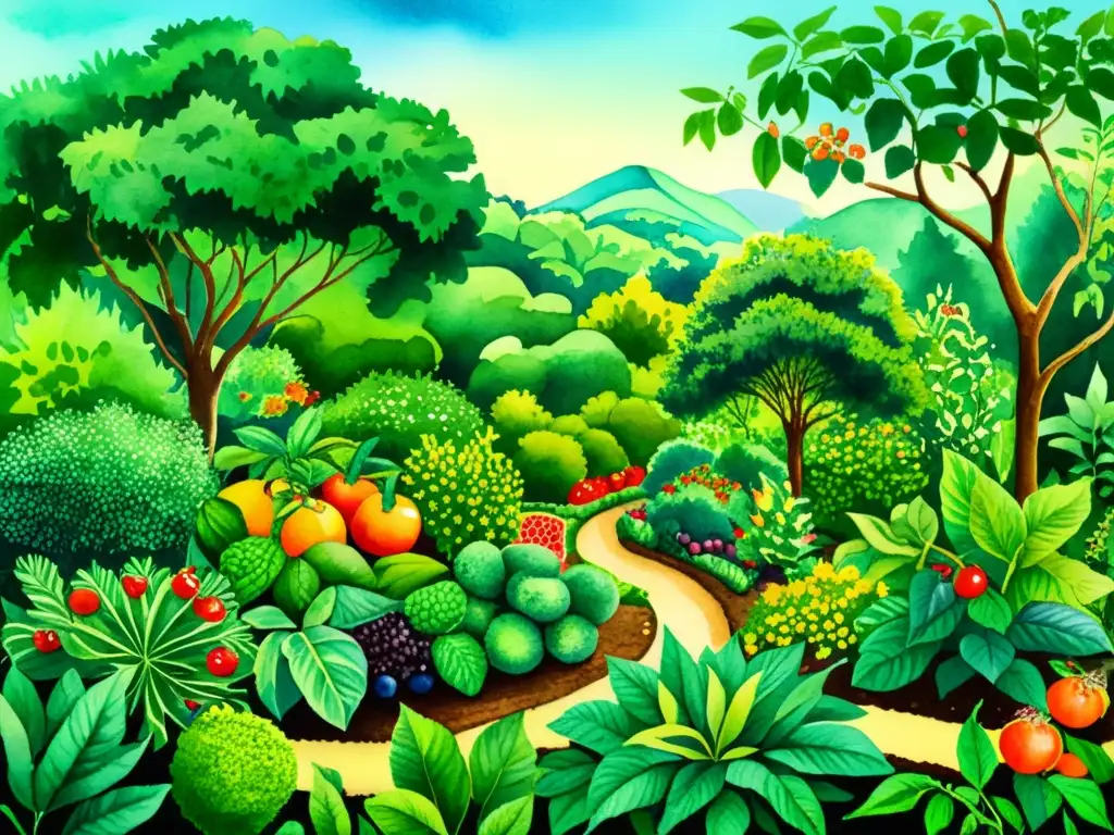 Una exuberante pintura en acuarela de un diverso bosque comestible, inspirado en los principios de permacultura para bosques comestibles