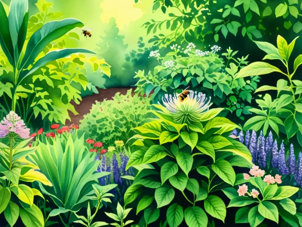 Una exuberante pintura acuarela de un jardín lleno de plantas medicinales vibrantes, evocando la vitalidad y los beneficios de la homeopatía vegetal para la prevención de enfermedades