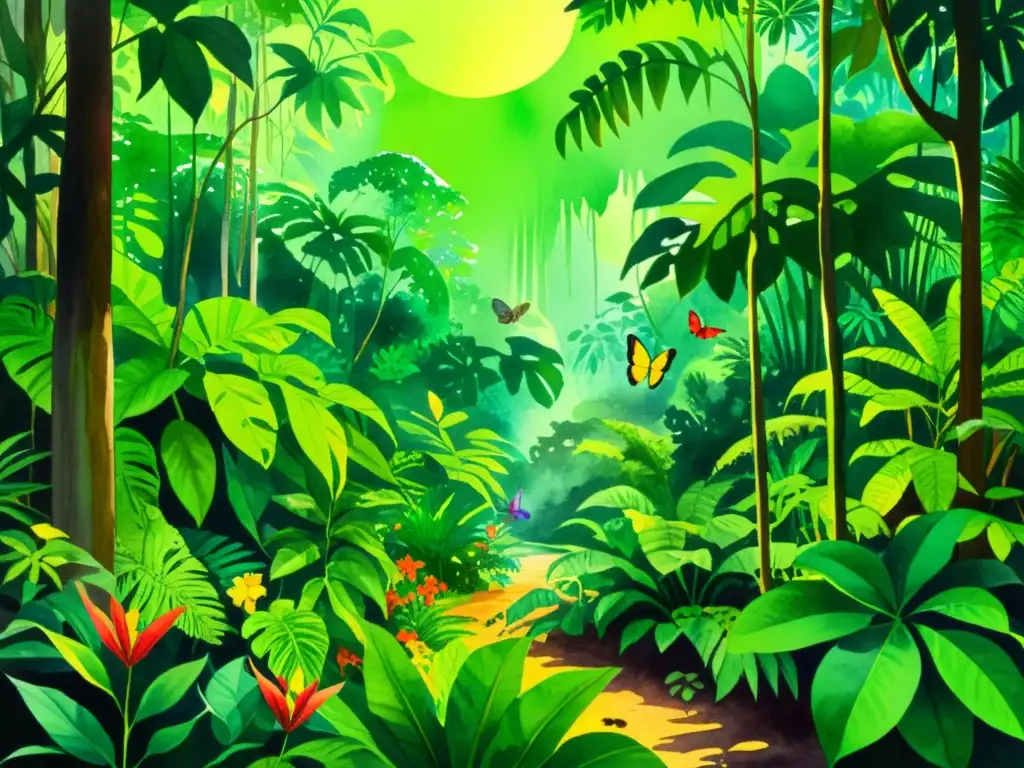 Una exuberante pintura acuarela de una selva tropical vibrante, con plantas y flores exóticas en tonos verdes