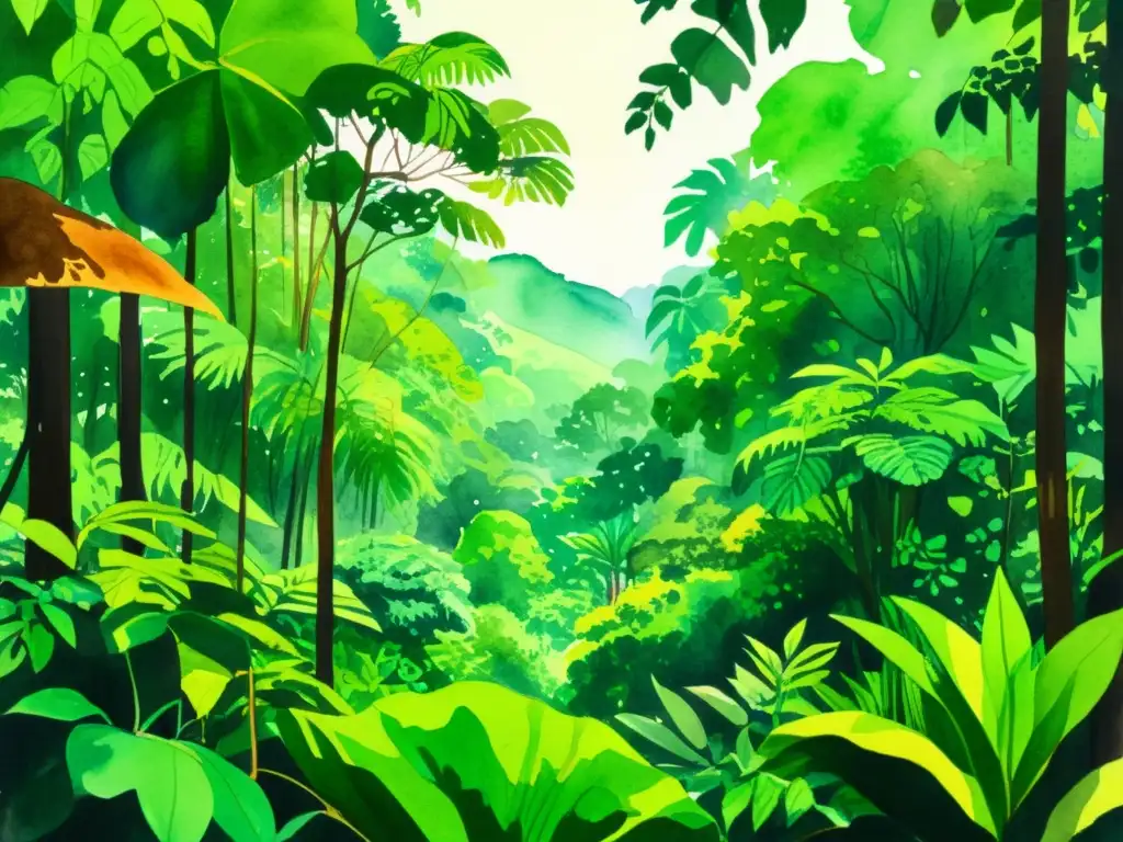 Una exuberante pintura acuarela de una selva tropical densa, rebosante de vida vegetal
