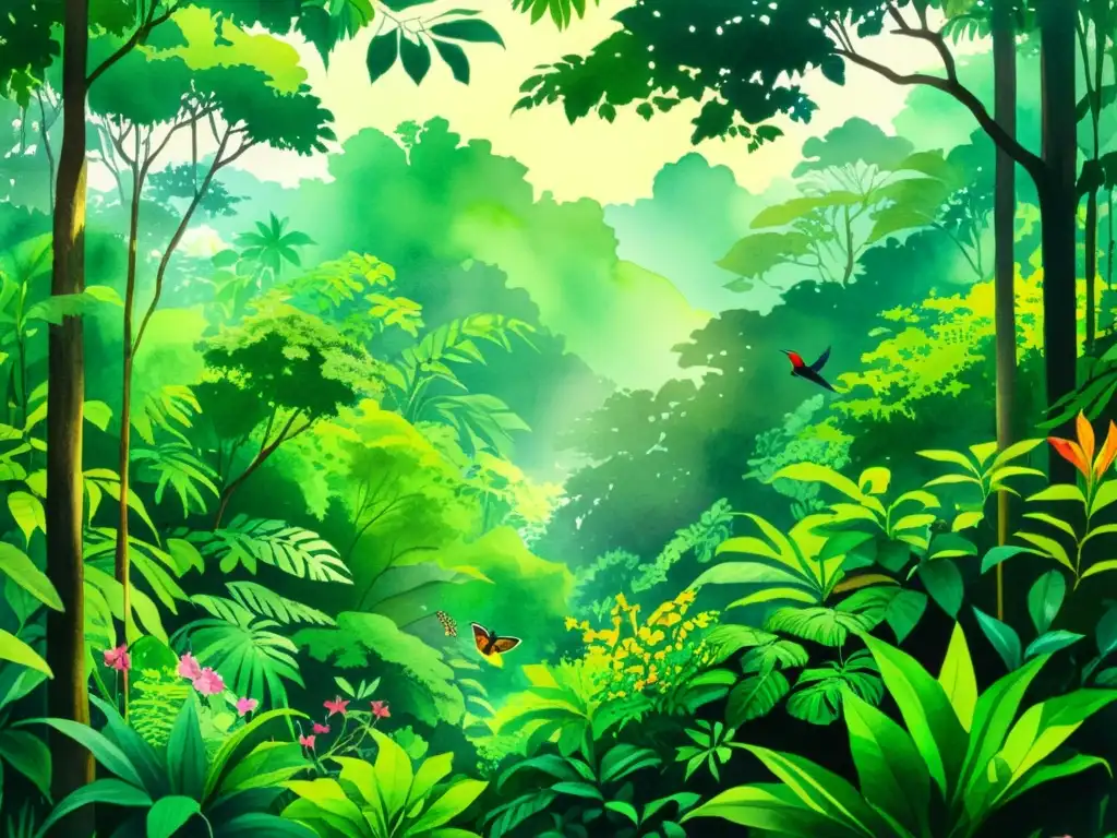 Una exuberante pintura de acuarela de una selva tropical, con diversidad de vida y una huella de carbono medicina tradicional