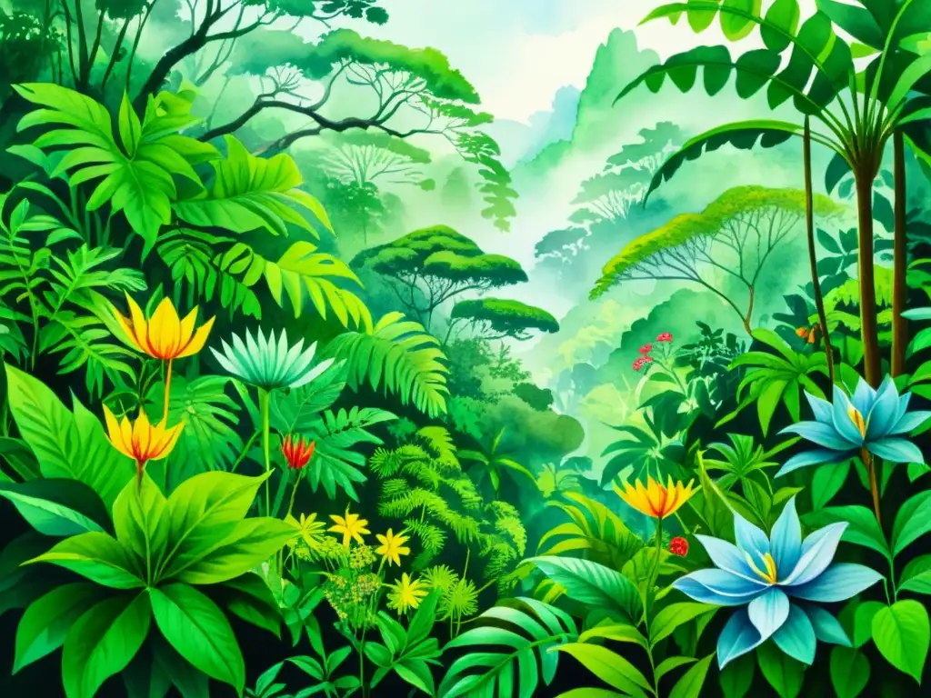 Una exuberante pintura acuarela de una selva tropical vibrante y exótica