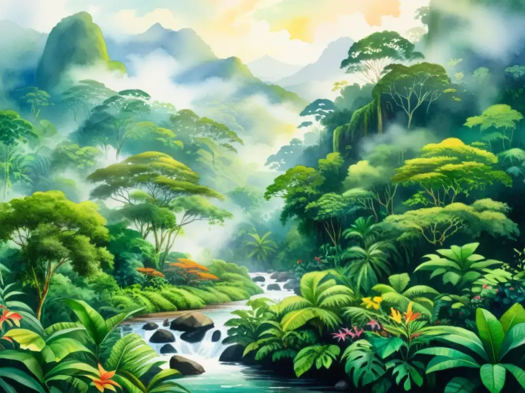 Una exuberante pintura al agua de la densa selva amazónica, con follaje verde exuberante, flores coloridas y diversa vida vegetal