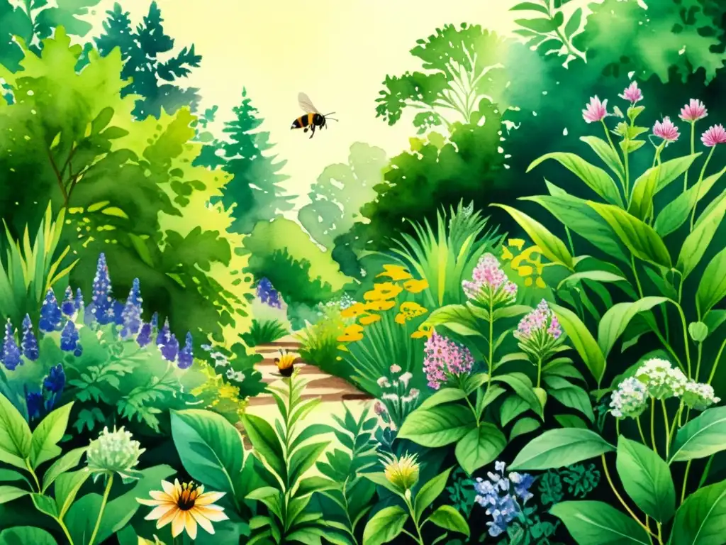 Una exuberante pintura botánica detallada con plantas medicinales, abejas y mariposas