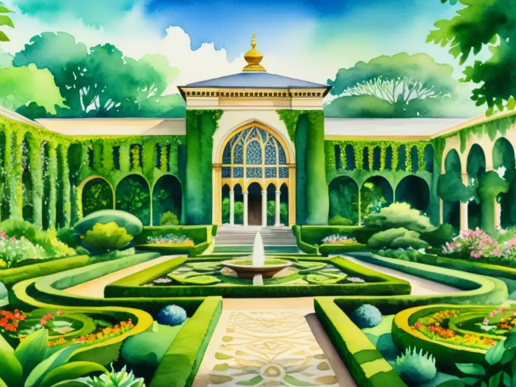 Jardín botánico renacentista: acuarela detallada Una exuberante pintura acuarela detallada de un jardín botánico renacentista con vida vegetal diversa y vibrante
