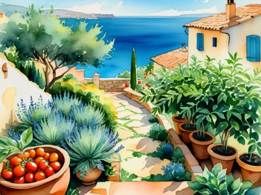 Una exuberante pintura acuarela en 8k de un jardín mediterráneo con hierbas vibrantes, tomates y pimientos en maceta terracota