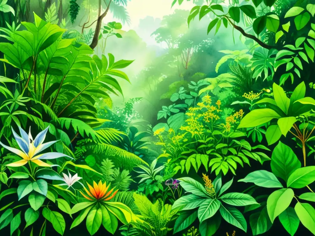 Exuberante pintura de plantas medicinales en la selva tropical