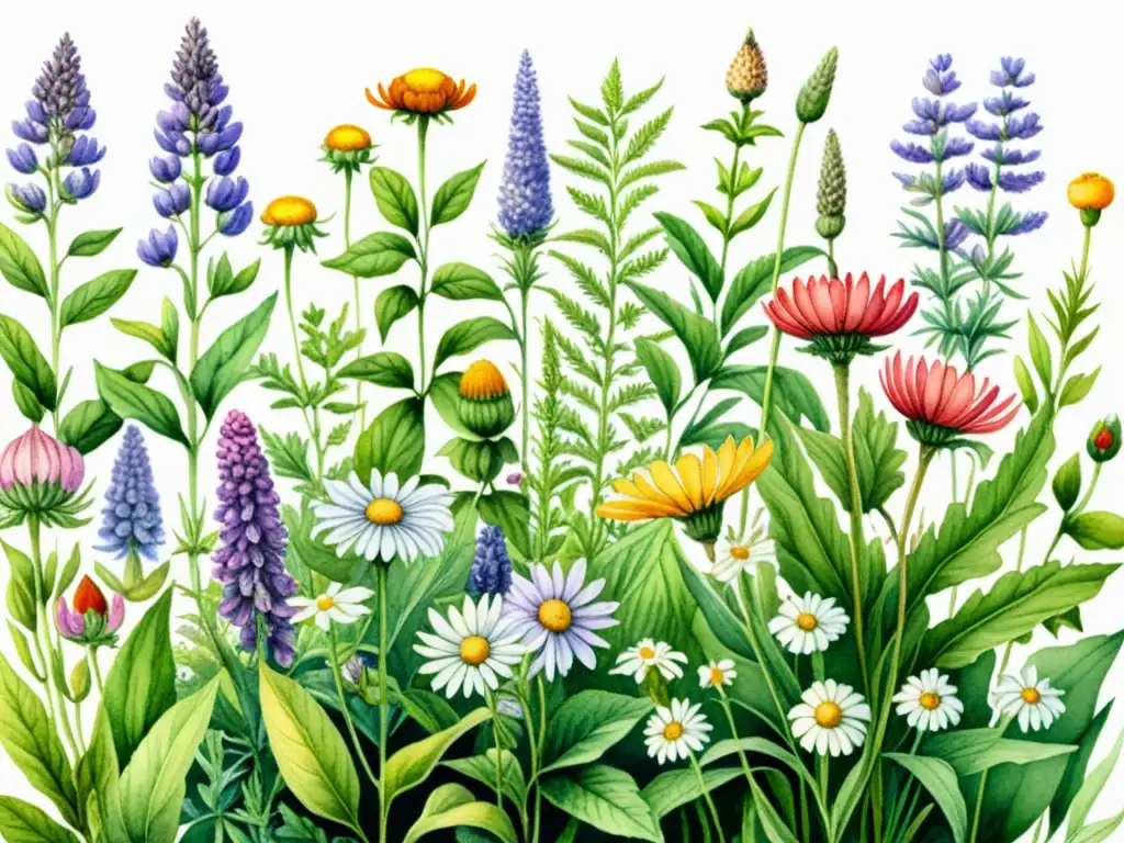 Una exuberante pintura acuarela de plantas medicinales diversas, con detalles intrincados y colores ricos, transmite la abundancia y belleza natural