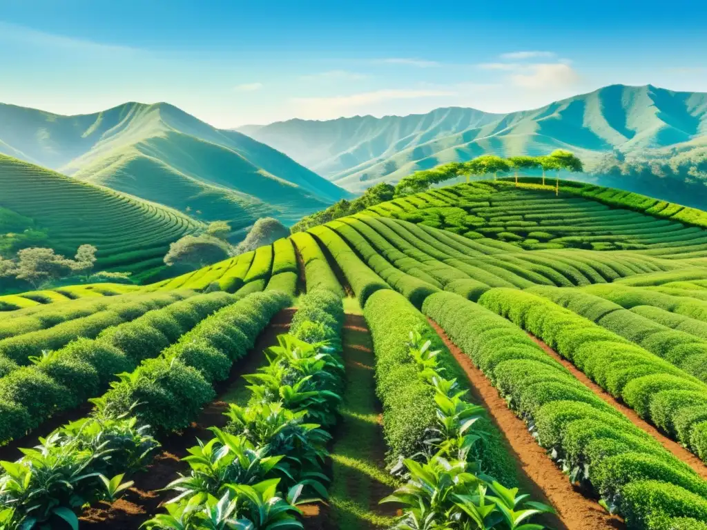 Una exuberante plantación de té en acuarela, con filas de plantas verdes bajo el cielo azul