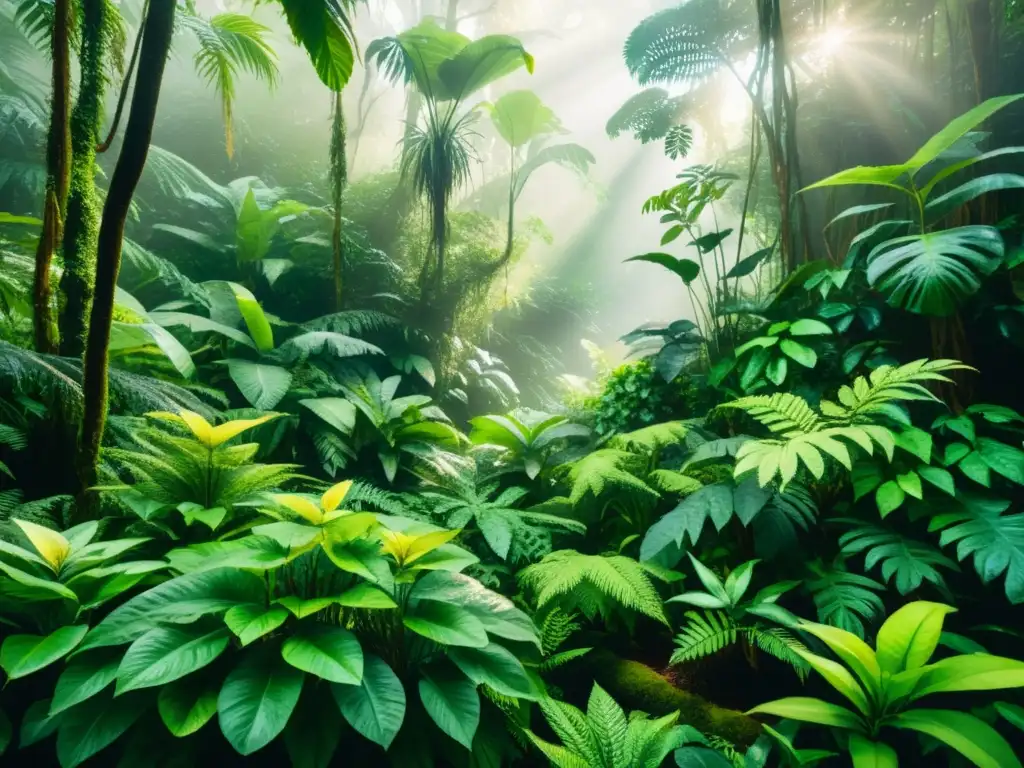 Exuberante ilustración de plantas adaptógenas medicinales en la selva, con raíces entrelazadas y hojas vibrantes bajo la luz filtrada