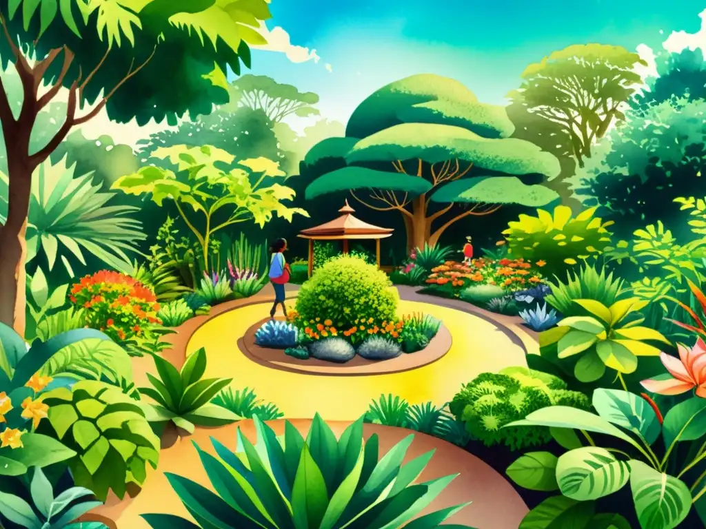 Un jardín botánico exuberante con plantas exóticas, niños usando realidad aumentada para explorar plantas medicinales