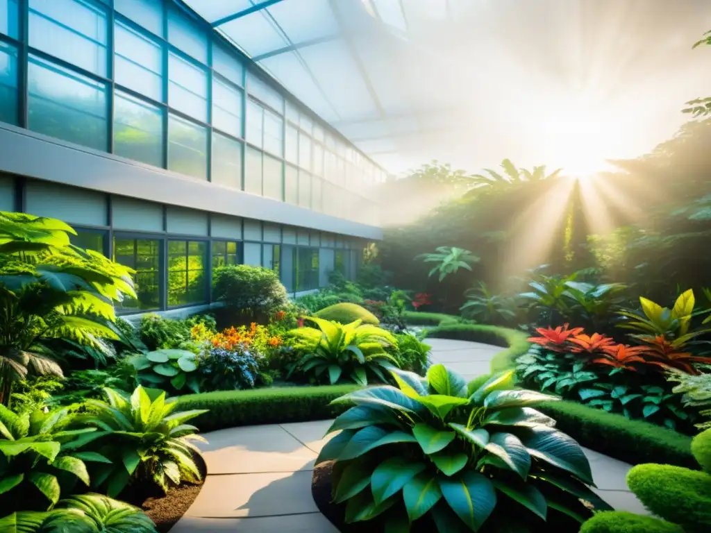 Jardín botánico exuberante con plantas exóticas vibrantes, rodeadas de neblina