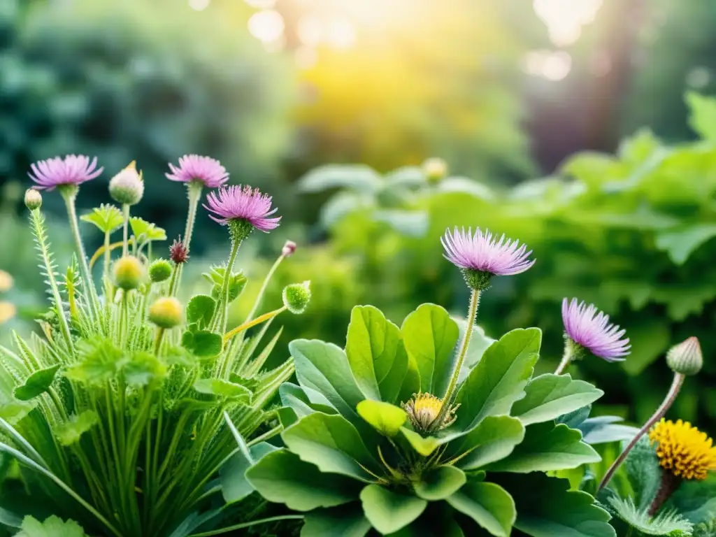 Un jardín herbal exuberante con plantas de liverwort, cardo lechoso, diente de león y cúrcuma bañado por la cálida luz del sol