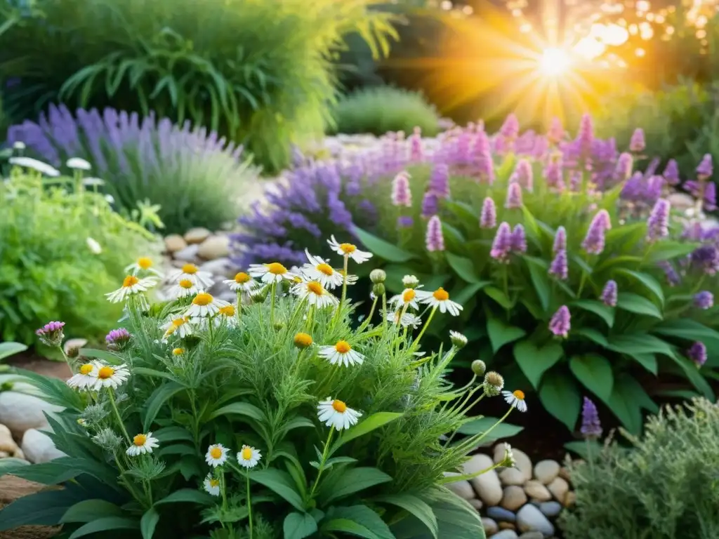 Un jardín exuberante de plantas medicinales, bañadas por la cálida luz del sol