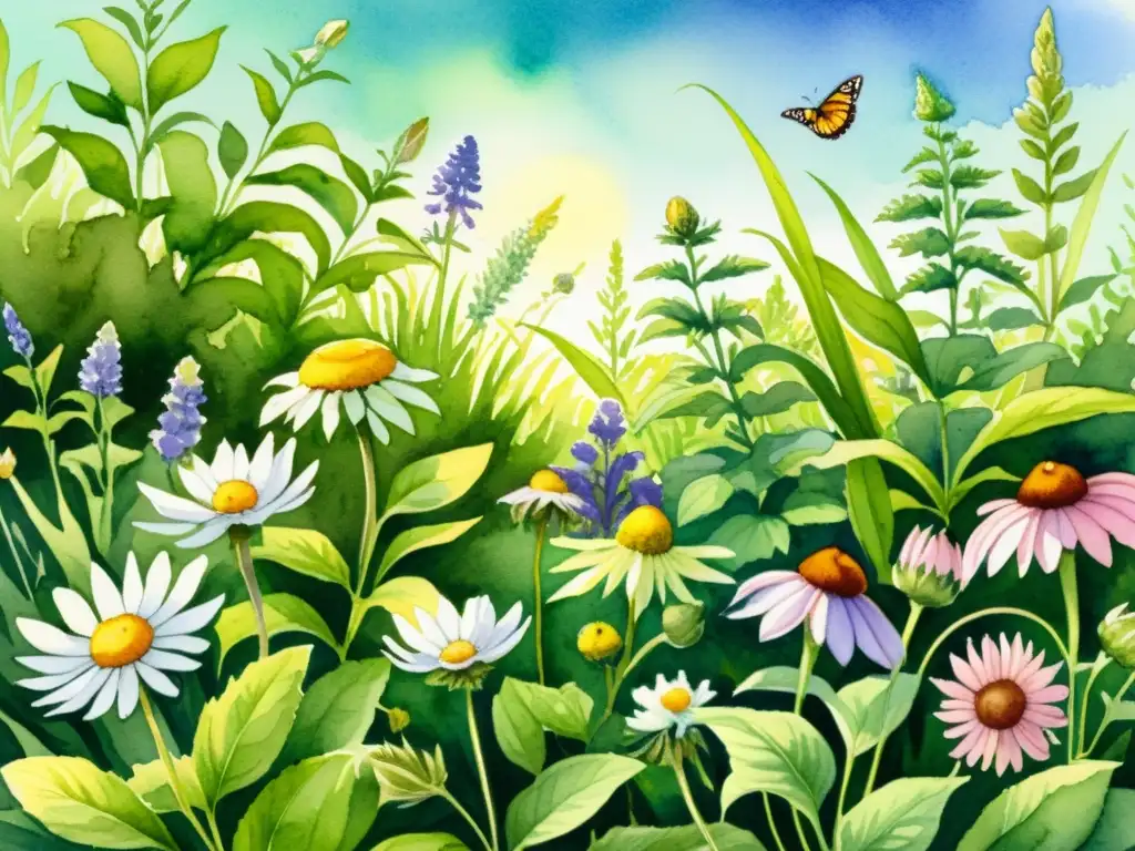 Jardín de plantas medicinales en acuarela: belleza y curación Un jardín exuberante de plantas medicinales con beneficios tisanas terapéuticas